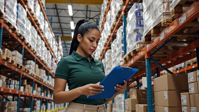 Worker inspecting inventory in warehouse rows