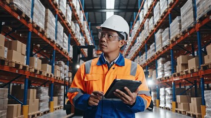 Worker inspecting inventory on tablet in warehouse storage facility