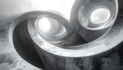 A grayscale architectural abstract featuring a looping, tubular structure with glowing inner light. The design is modern