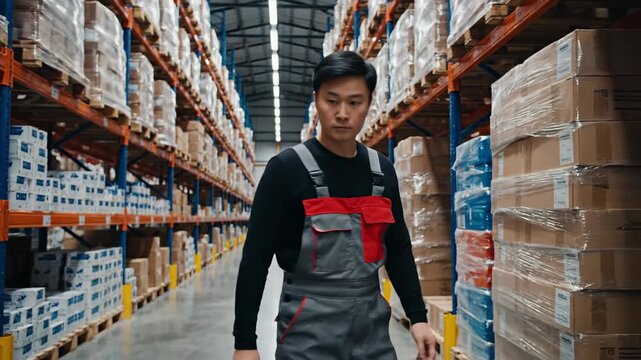 Worker inspecting rows of shelves packed with merchandise inside warehouse