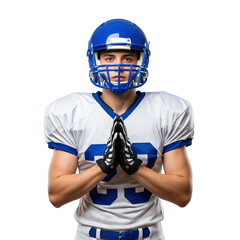 High School Male Football Player in Uniform Praying with Helmet on transparent background