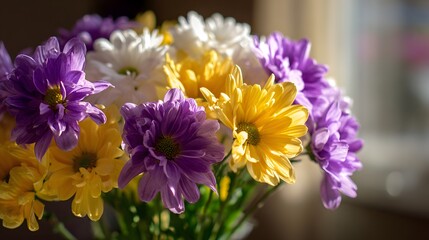 Vibrant Bouquet of Chrysanthemums - A Colorful Display of Purple, Yellow, and White Blooms.