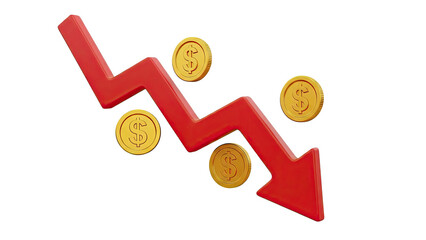 Red downward trending arrow with dollar coins on white background