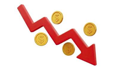 Red downward trending arrow with dollar coins on white background