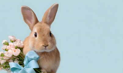 Obraz premium Cute Easter bunny with blue pastel bow, flowers isolated on light pastel blue background