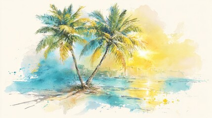 Fototapeta premium A Beautiful Watercolor Scene Featuring Palm Trees Illuminated by Sunlight on a Picturesque Beach in Old San Juan