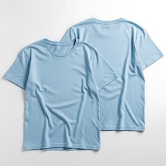 Fototapeta premium Two Light Blue T-Shirts Laid Out Flat on a White Background.