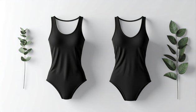 Black bodysuits with green eucalyptus leaves.