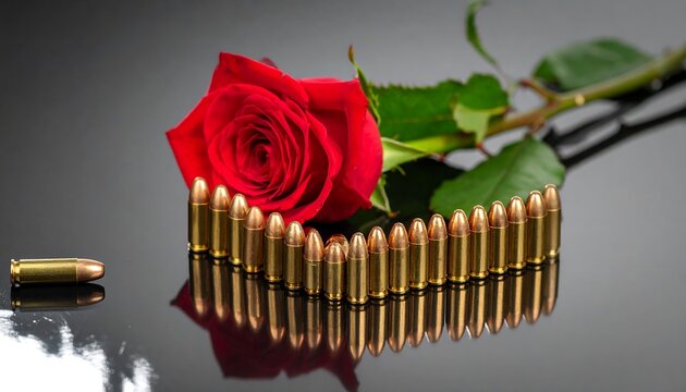 A vibrant red bloom rests above a heart formed by bullets on a reflective black surface