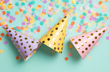 Obraz premium A colorful celebration scene with party hats and confetti on a light blue background