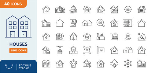 Plakat Houses line editable icon set. Contain icons related to home, house, building, residential, and property. editable stroke. Vector illustration