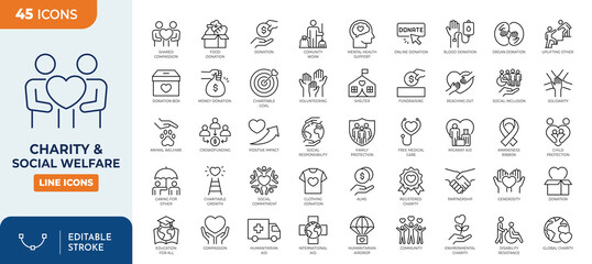 Charity and social welfare line editable icon set. Containing charity, volunteering, donation, community support, humanitarian aid, global relief,  and more. editable stroke. Vector illustration