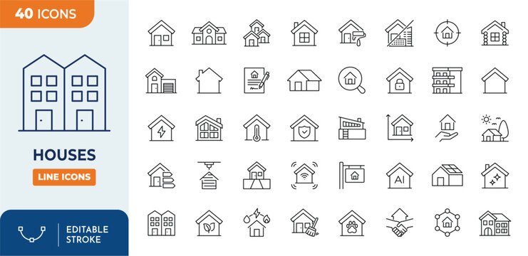 Houses line editable icon set. Contain icons related to home, house, building, residential, and property. editable stroke. Vector illustration