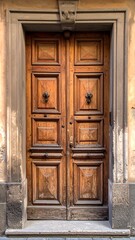 Ornate wooden double doors, framed with weathered stone and set in a peach wall, displaying vintage architectural style