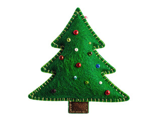 A handcrafted, felt Christmas tree, emerald green with jewel ornaments, against a transparent backdrop
