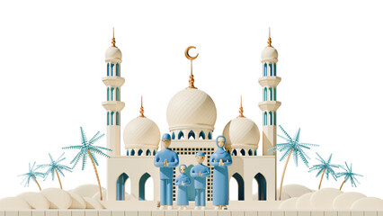 Islamic Family On Front Of A Mosque