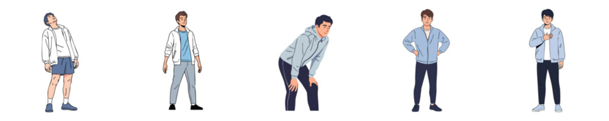 Casual Man Daily Activity Standing And Bending Poses Modern Flat Vector Illustration