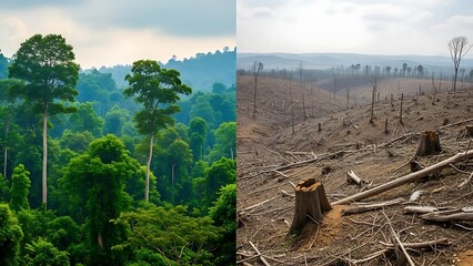 Lush Tropical Forest Versus Clear Cut Deforestation Landscape