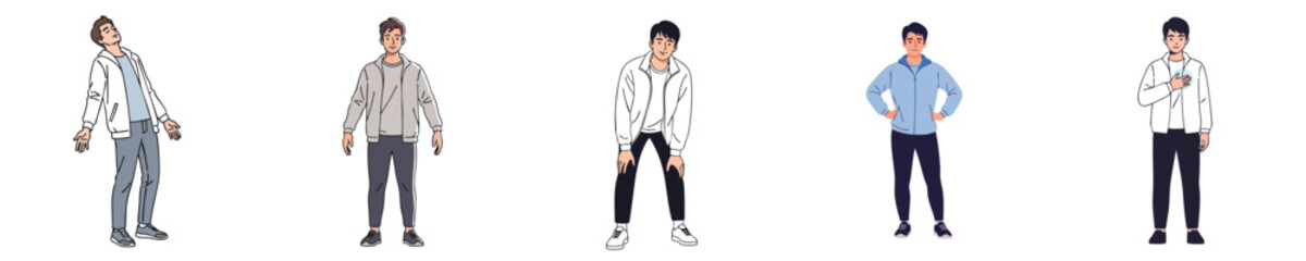 Relaxed Man Character Casual Standing And Leaning Poses Modern Flat Vector Illustration