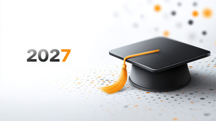 Graduation cap with orange tassel on a white background, featuring 2027, symbolizing achievement and celebration of educational milestones