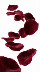 Red rose petals falling in soft focus on white background conveying motion