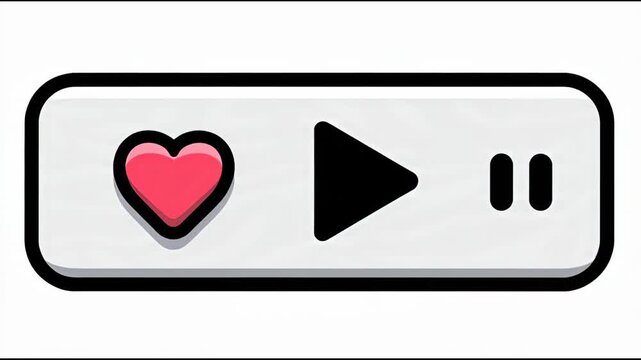 A minimalist graphic illustration of a media player control bar featuring a red heart, play, and pause icons.