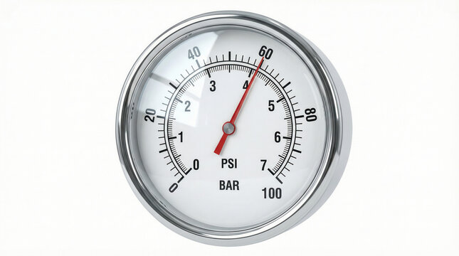 Pressure gauge with chrome bezel showing PSI and BAR measurements on white