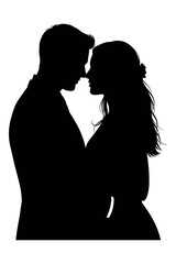 Silhouette of a romantic couple embracing closely with foreheads touching tenderly