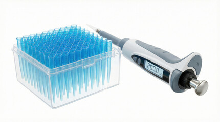 Laboratory micropipette with box of blue disposable tips and digital display