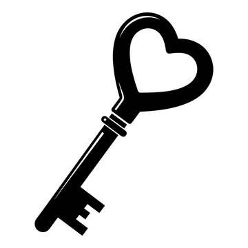 Vintage heart shaped key silhouette isolated on a clean white background for love