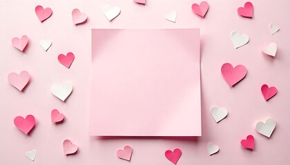 A blank pink sticky note framed by a charming array of pink and white paper hearts
