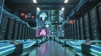 A digital rendering showing server racks, data cables, and interactive user interfaces with code - Powered by Adobe