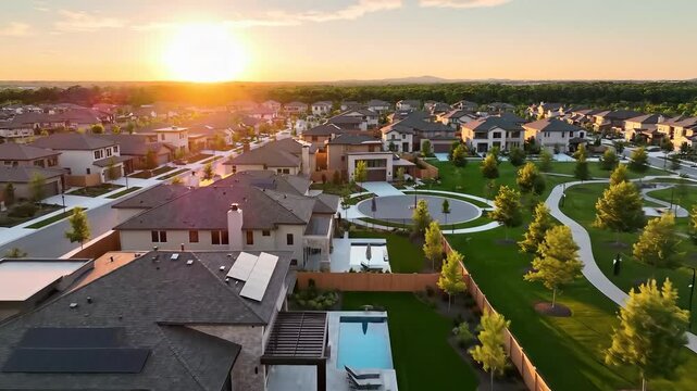 Stunning aerial view of a modern suburban neighborhood at golden hour, showcasing numerous upscale homes with solar panels and private swimming pools, surrounded by lush green parks and winding walki.