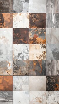 Abstract collage of various textured tiles, showcasing a blend of natural stone, metallic, and rustic finishes in a harmonious pattern.