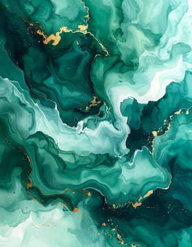 Abstract Emerald Green and Gold Marble Texture Background with Fluid Ink Waves and Glittering Accents, Luxurious Artistic Design.