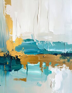 Abstract expressionist painting with vibrant teal, gold, and white brushstrokes, creating a dynamic and textured visual experience.