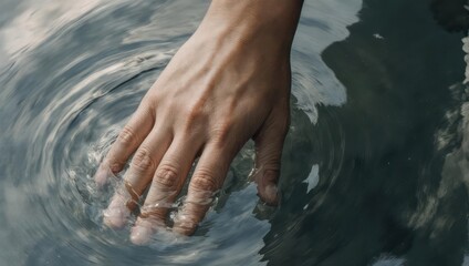 Hand touching water creating ripples in a serene pool.