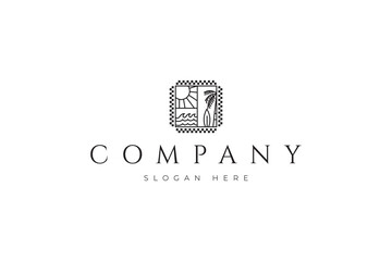 Summer beach logo with elements of the sun, waves, and tropical coconut palm trees in a frame with a line art design style.