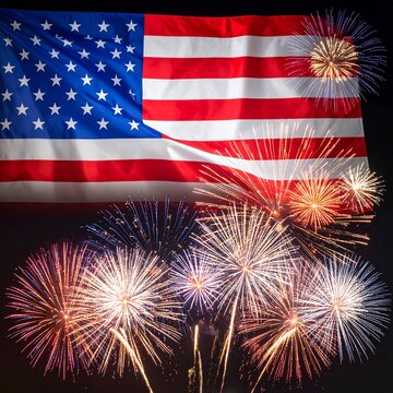 American Flag with Fireworks Display Celebrating Independence Day.