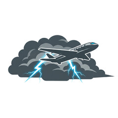 illustration of an airplane flying through dark clouds accompanied by lightning.