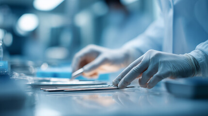 surgical instruments preparation close up, sterile operating room medical tools, healthcare surgery equipment scene
