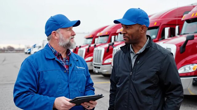Two male workers discuss digital tablet near red truck fleet outdoors