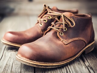 Artisanal Leather Shoes on Wooden Surface, Detailed Craftsmanship, Soft Directional Lighting, Minimalist Background