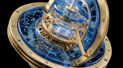 Obraz premium Brass armillary with blue celestial mechanism showing rotating gears and rings
