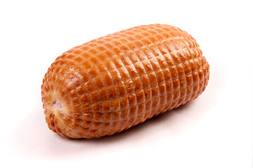 A whole cooked boneless mini ham isolated on white