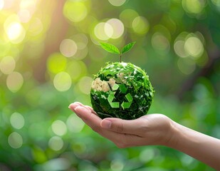 Hand holding a green globe with a recycling symbol and a small plant growing, symbolizing environmental protection and sustainability.