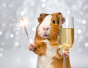 Guinea Pig Celebrating New Year with Sparkler and Champagne Glass.
