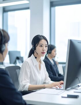 Focused Asian customer service representative assisting clients in a modern office environment, demonstrating dedication and professionalism.
