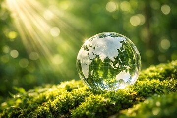 Glass globe representing Earth resting on green moss with sunlight symbolizing environmental protection sustainability and eco friendly future