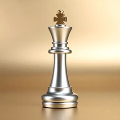 Silver and Gold Chess King Piece Standing Tall on a Reflective Golden Background.